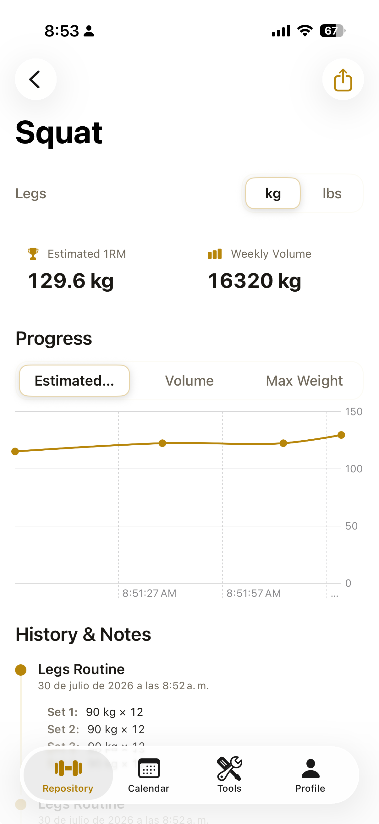 Exercise detail screen for Squat showing estimated 1RM progress chart, weekly volume, and set history.
