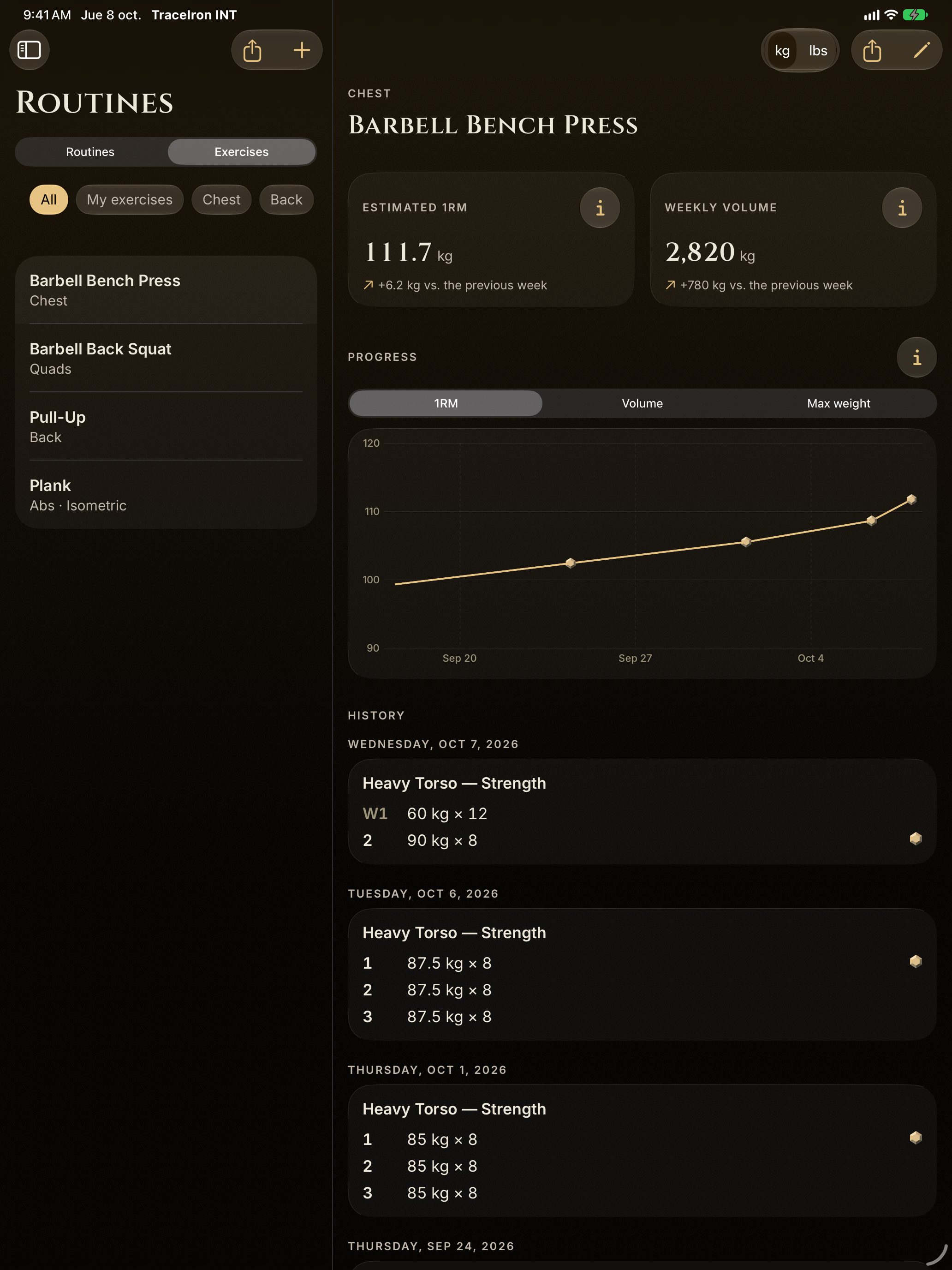 Bench press detail on iPad: estimated 1RM of 111.7 kg, weekly volume of 2,820 kg and progress chart.