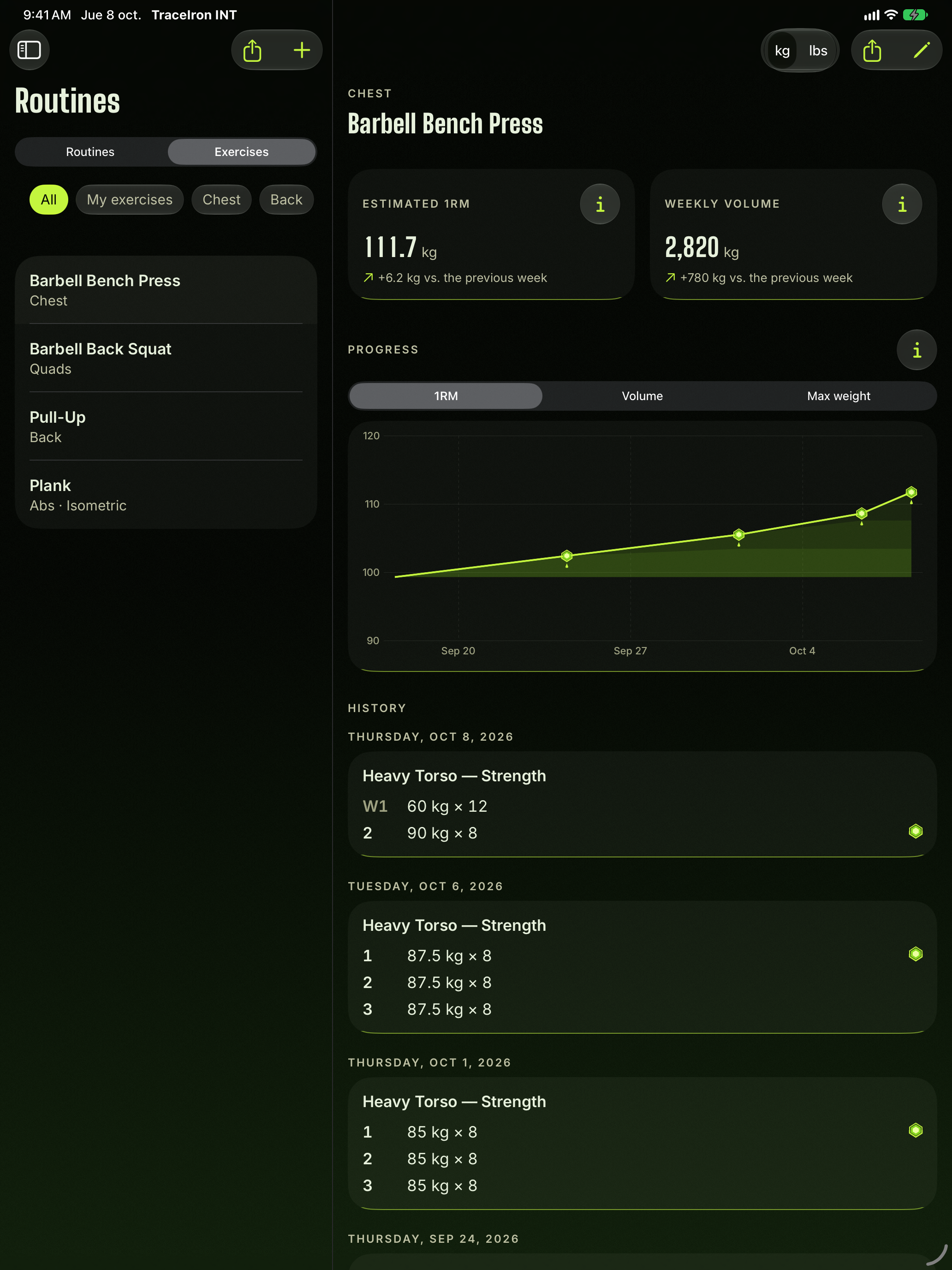 A real exercise detail on iPad with Toxic: estimated 1RM, progress chart and set history.