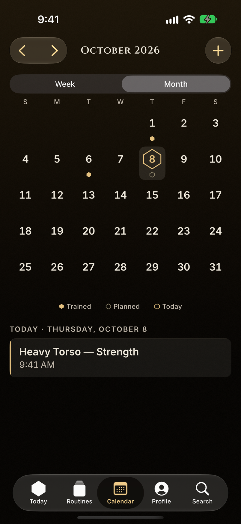Monthly workout calendar with recurrence rules and scheduled session.