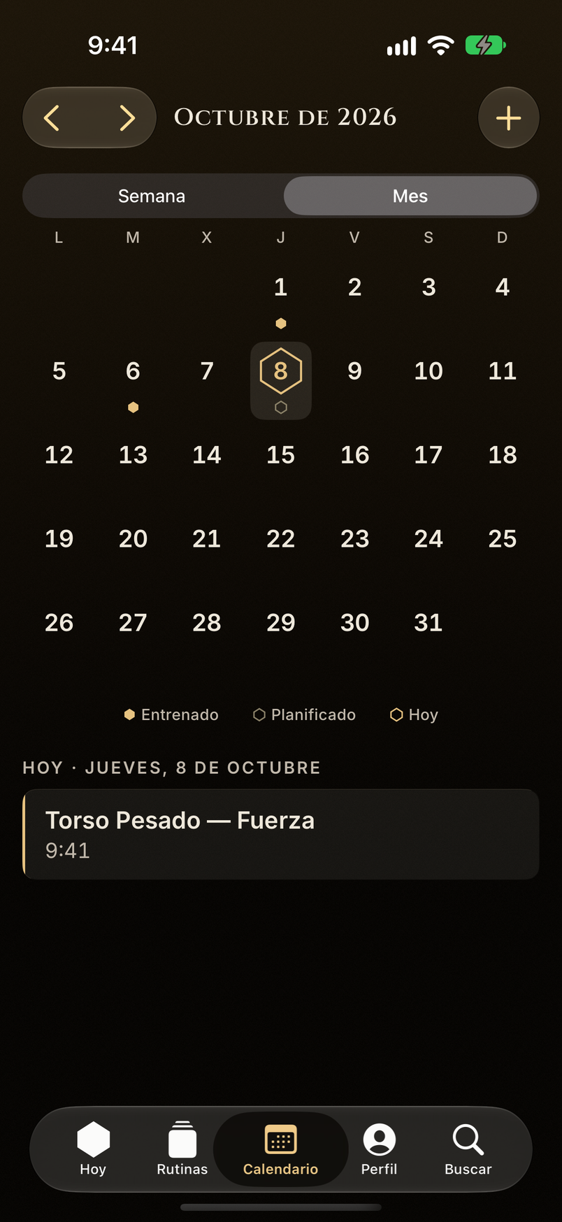 Calendario mensual de entrenamientos con recurrencia y sesión planificada.