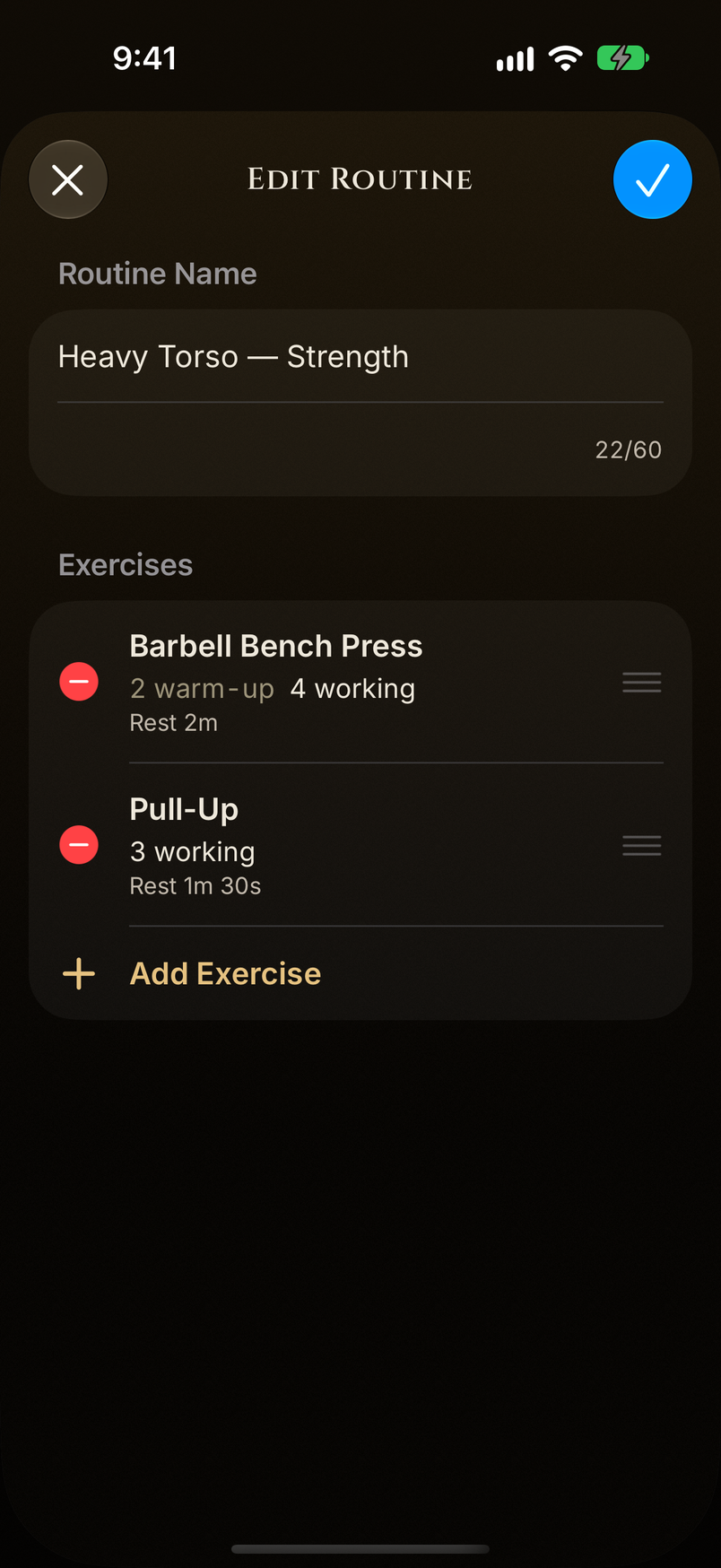 Routine editor with set sequencing, repetitions, and rest intervals.