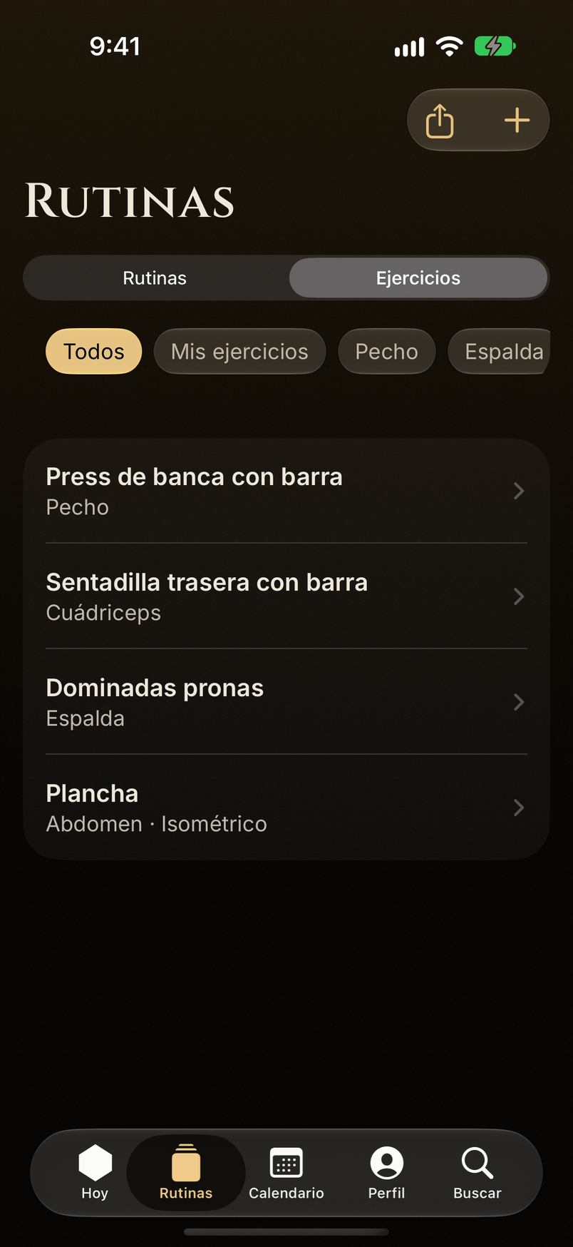 Biblioteca y catálogo de ejercicios con selector de grupo muscular.