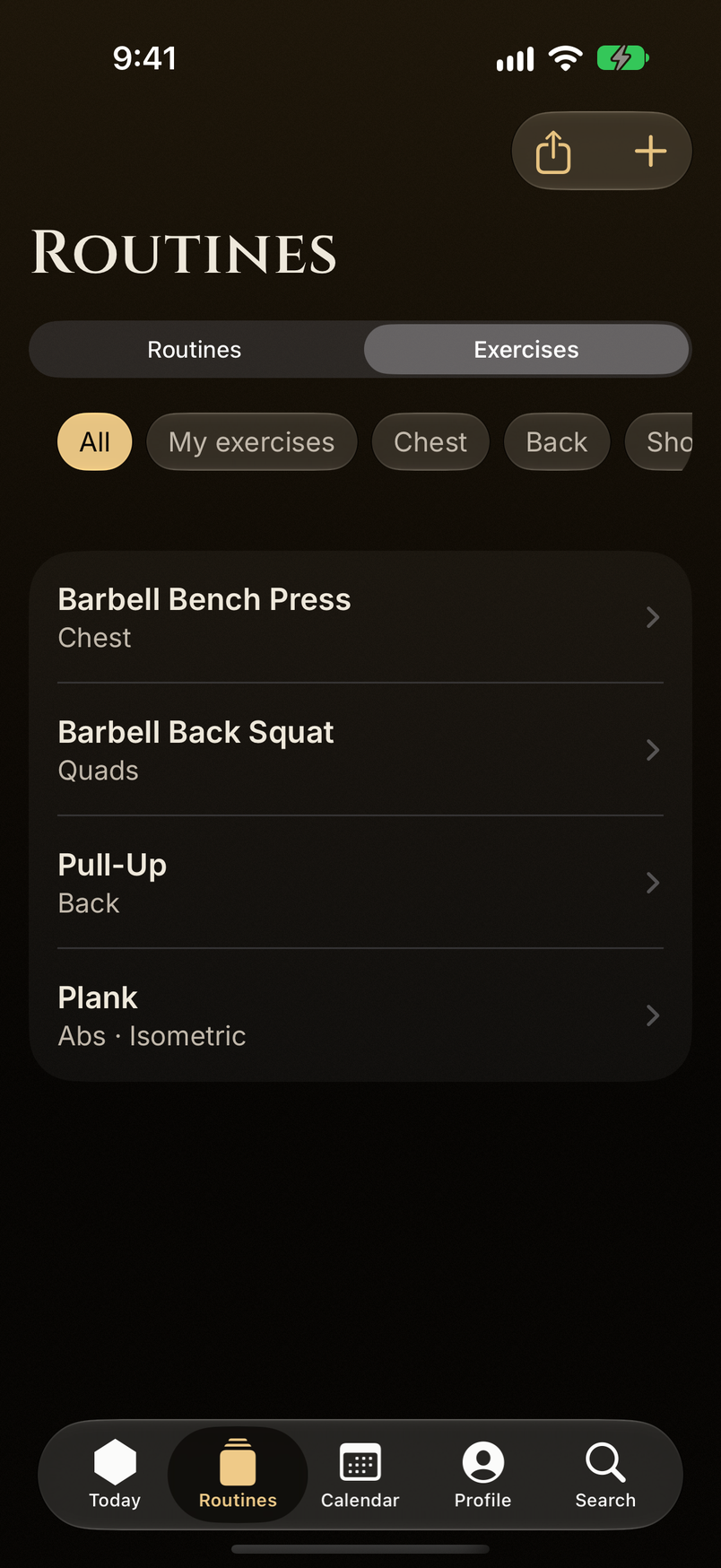 Exercise catalogue and library with muscle group filter.