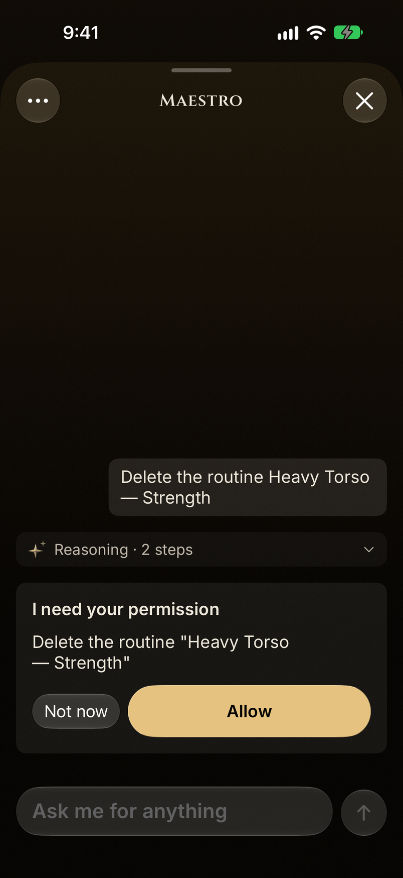 Maestro asks for confirmation on iPhone before deleting a routine.