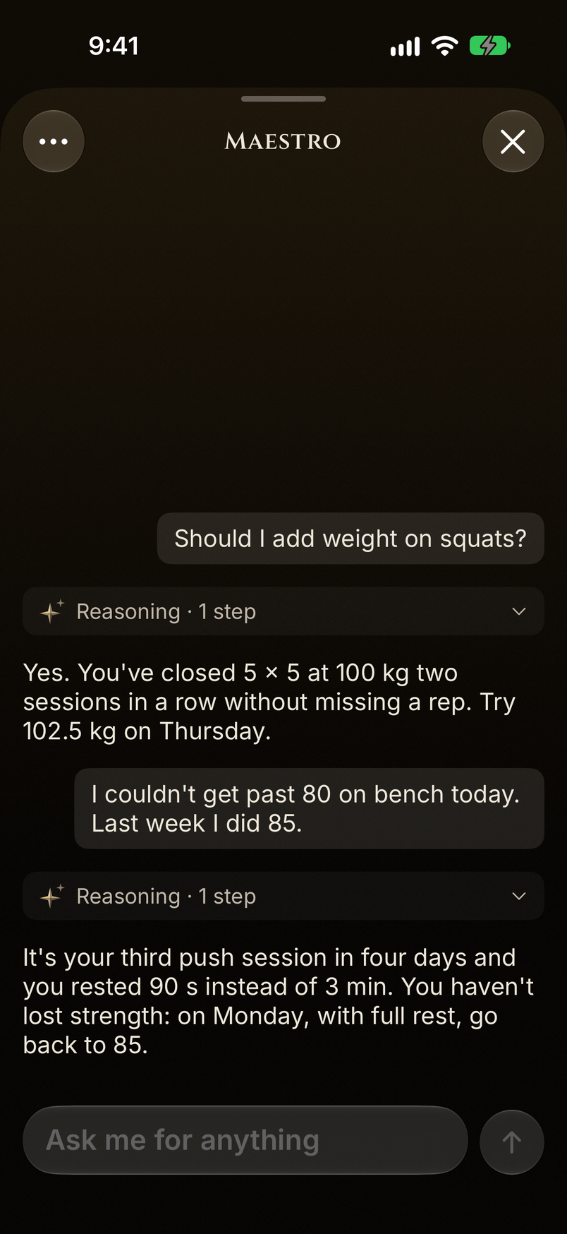 A real conversation with Maestro on iPhone about when to add weight on squats.