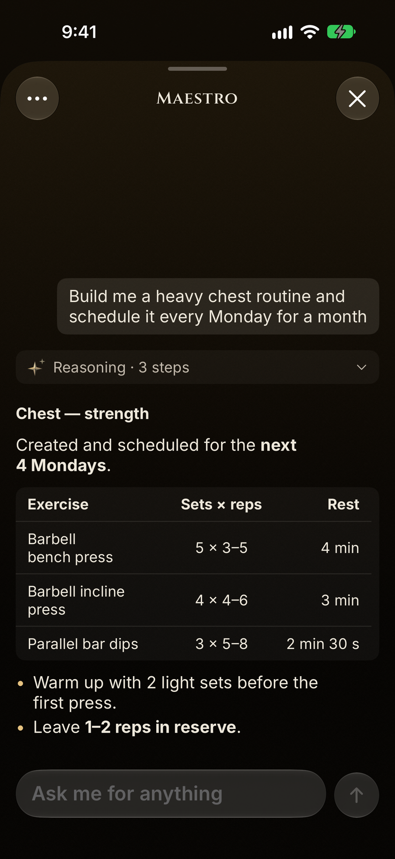 Maestro builds a chest routine, schedules it for the next four Mondays and sums it up in a table.