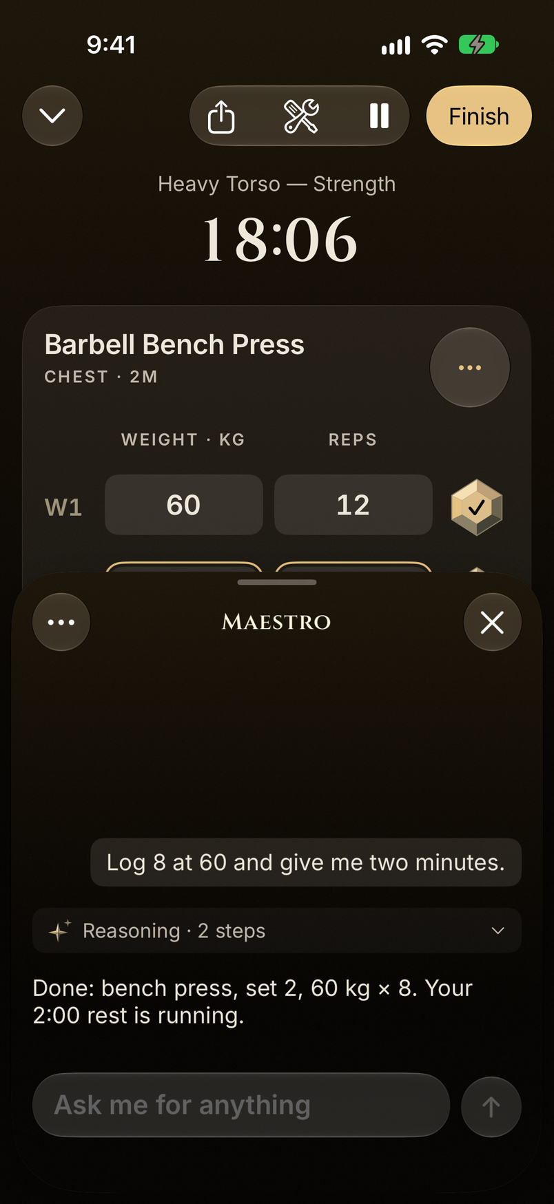 Mid-session on iPhone, Maestro logs bench press set 2, 60 kg × 8, and starts a two-minute rest.