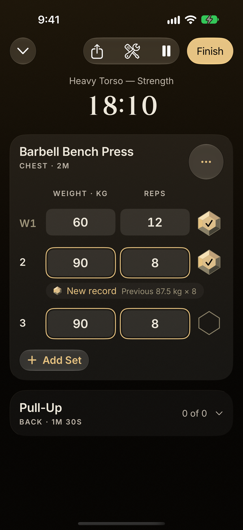 Session in progress: set 2 beats the previous best of 87.5 kg × 8.