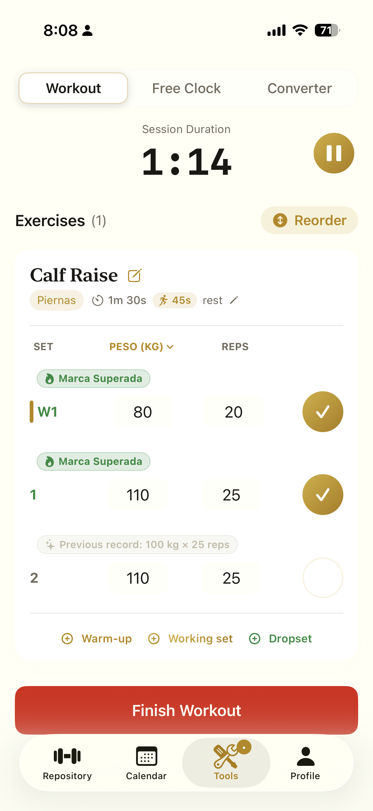 Active workout screen showing the current set with the previous session's weight and reps projected underneath in faded type, and a circular check button.